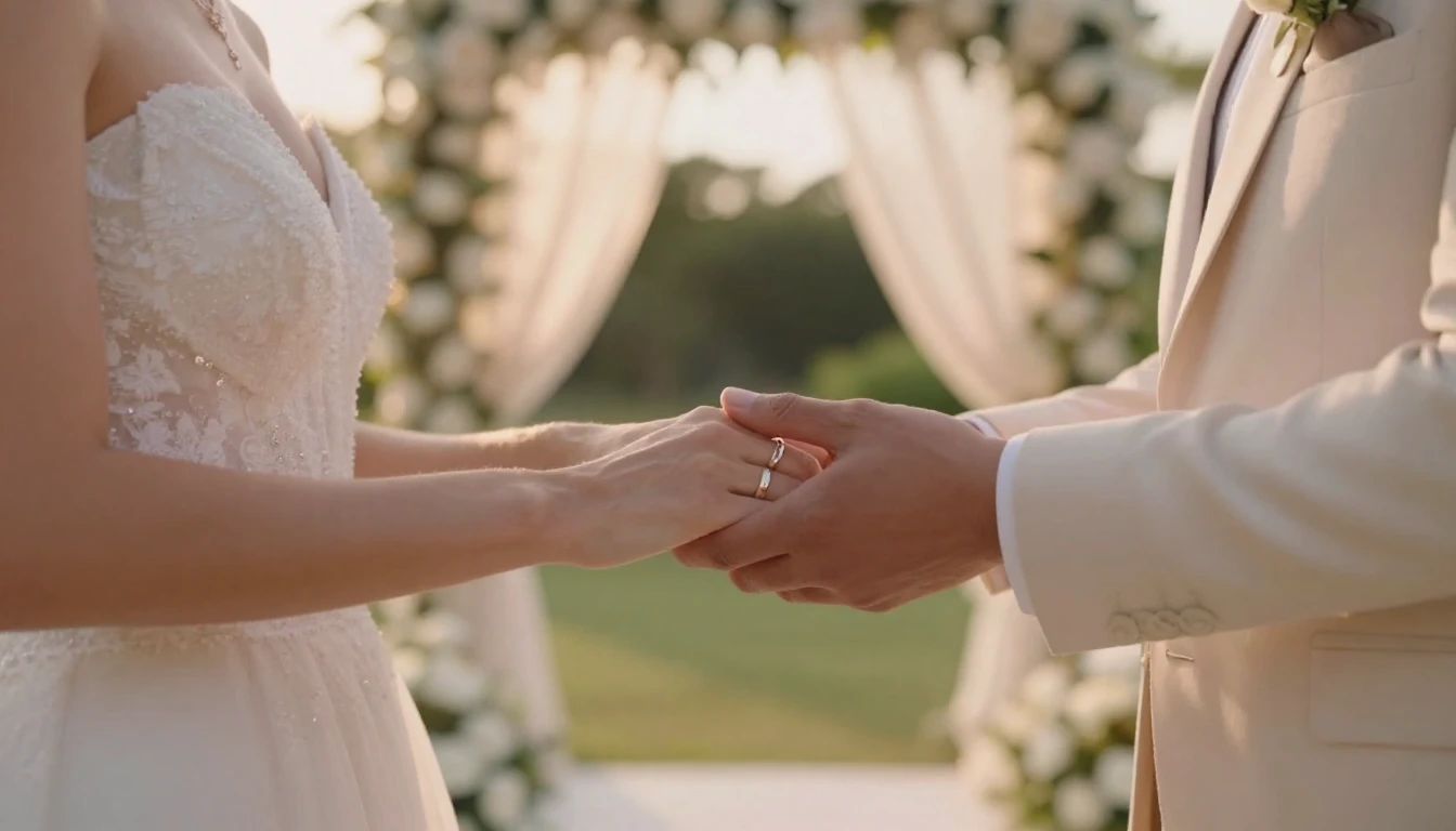 A cinematic close-up shot of a bride and groom holding hands...