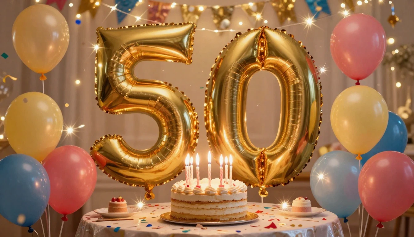 A joyful and festive 50th birthday celebration scene. A larg...