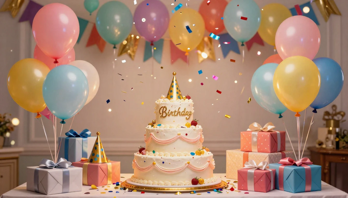 A vibrant, colorful birthday party scene with a large decora...