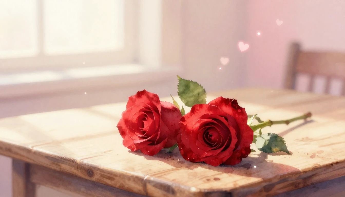 A delicate watercolor painting of two intertwined red roses ...