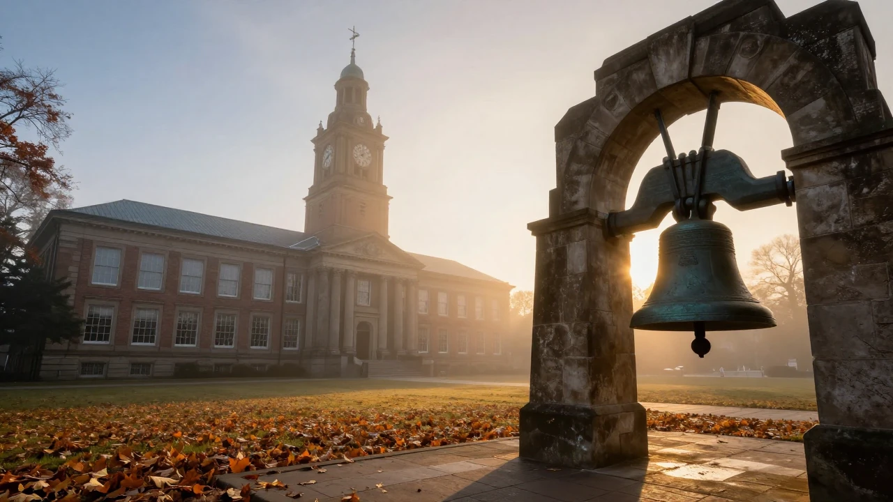 A wide-angle shot of an old, majestic school building with a...