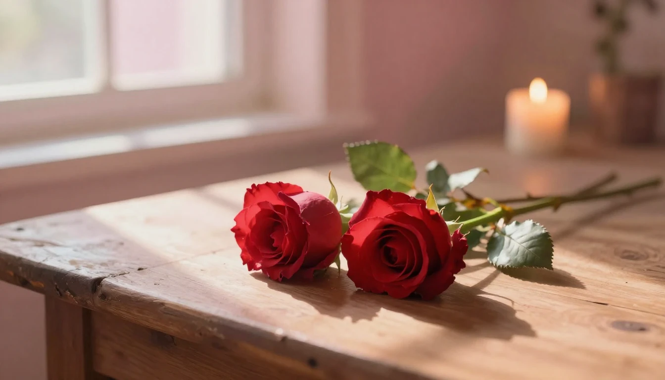 A dreamlike and ethereal scene featuring two delicate red ro...