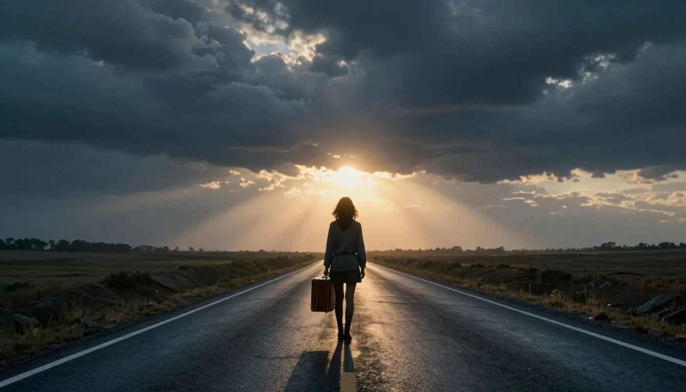 A cinematic wide shot of a lone woman standing at the end of...
