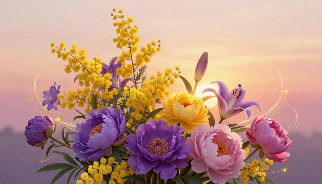 A vibrant and artistic composition featuring a variety of bl...