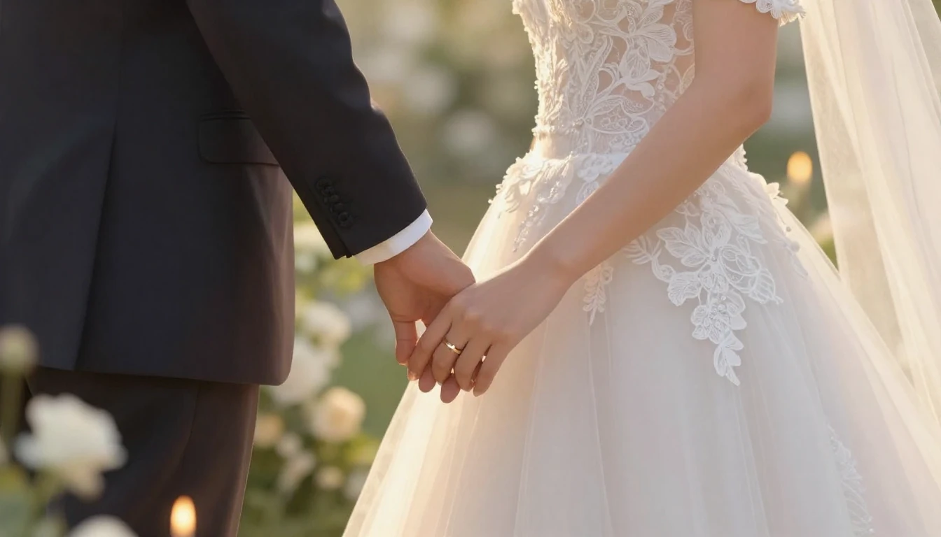 A romantic close-up illustration of a bride and groom holdin...