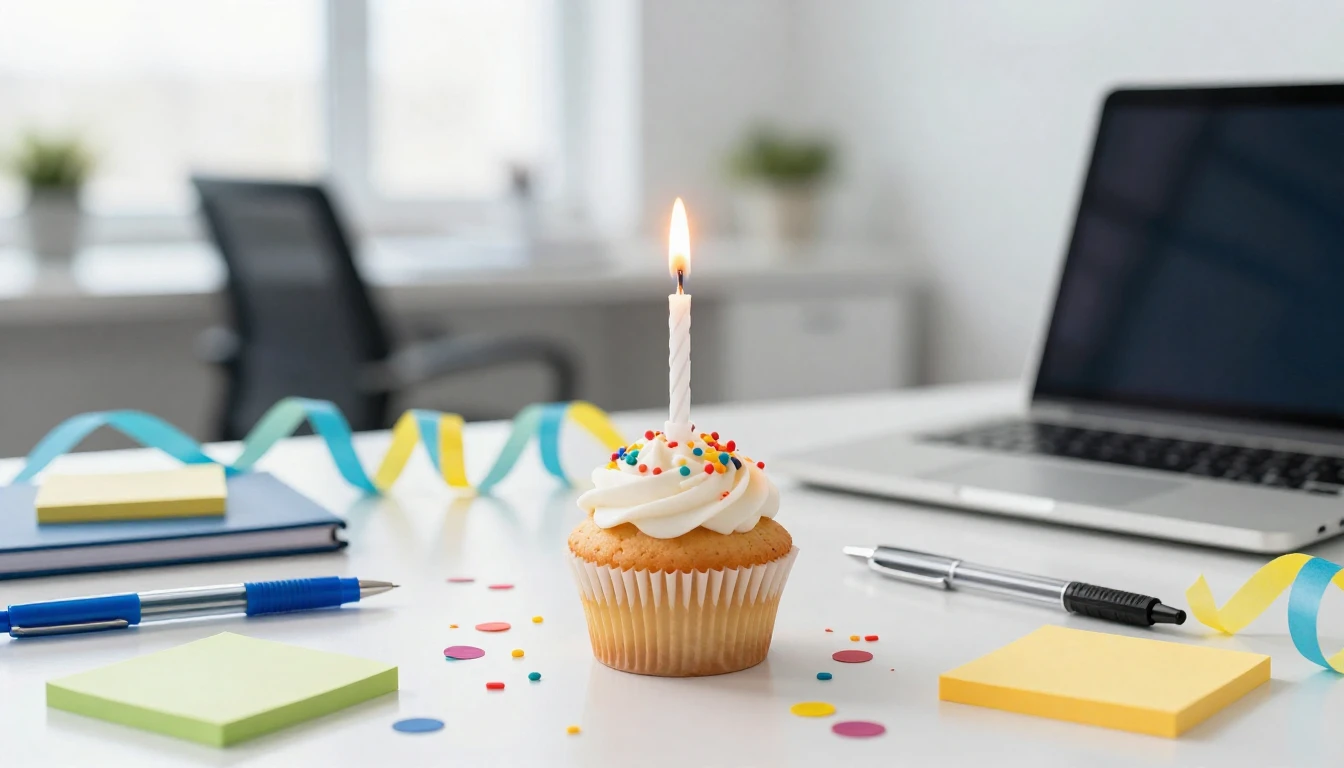 A festive office desk setup for a birthday celebration. In t...