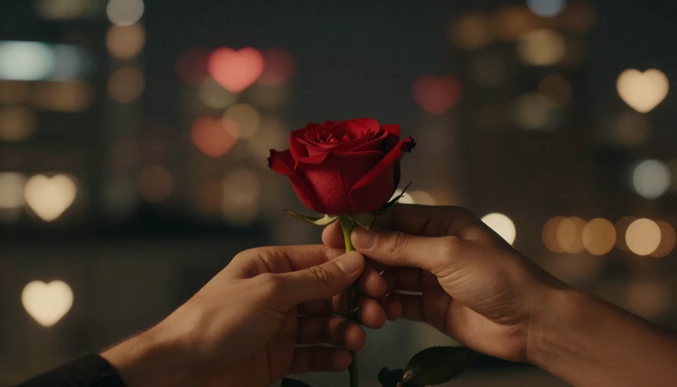 A cinematic close-up shot of two hands holding each other ge...