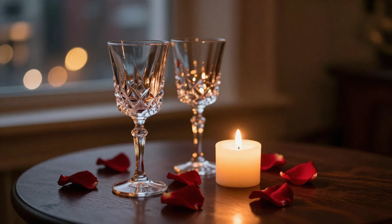 A close-up shot of two elegant crystal glasses on a dark woo...