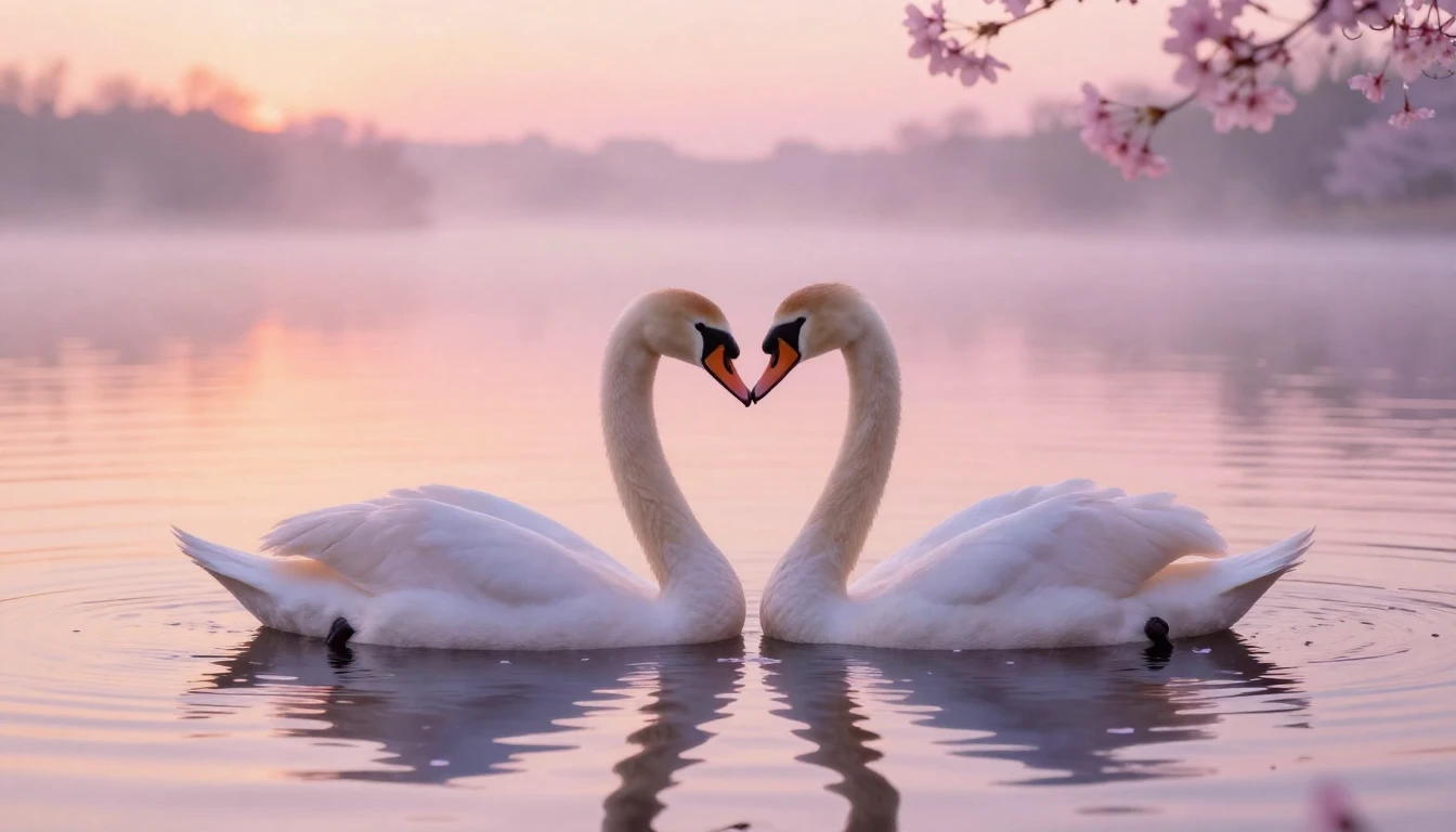 A soft and ethereal scene depicting two delicate swans formi...