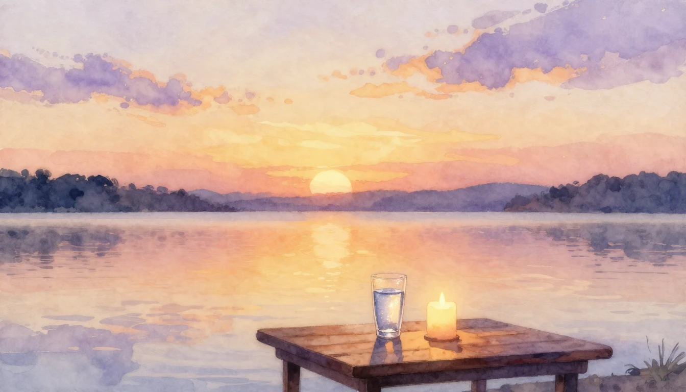A beautiful watercolor painting of a serene sunset over a ca...