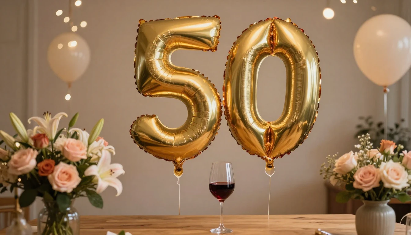 A warm and elegant birthday celebration setting, a golden nu...