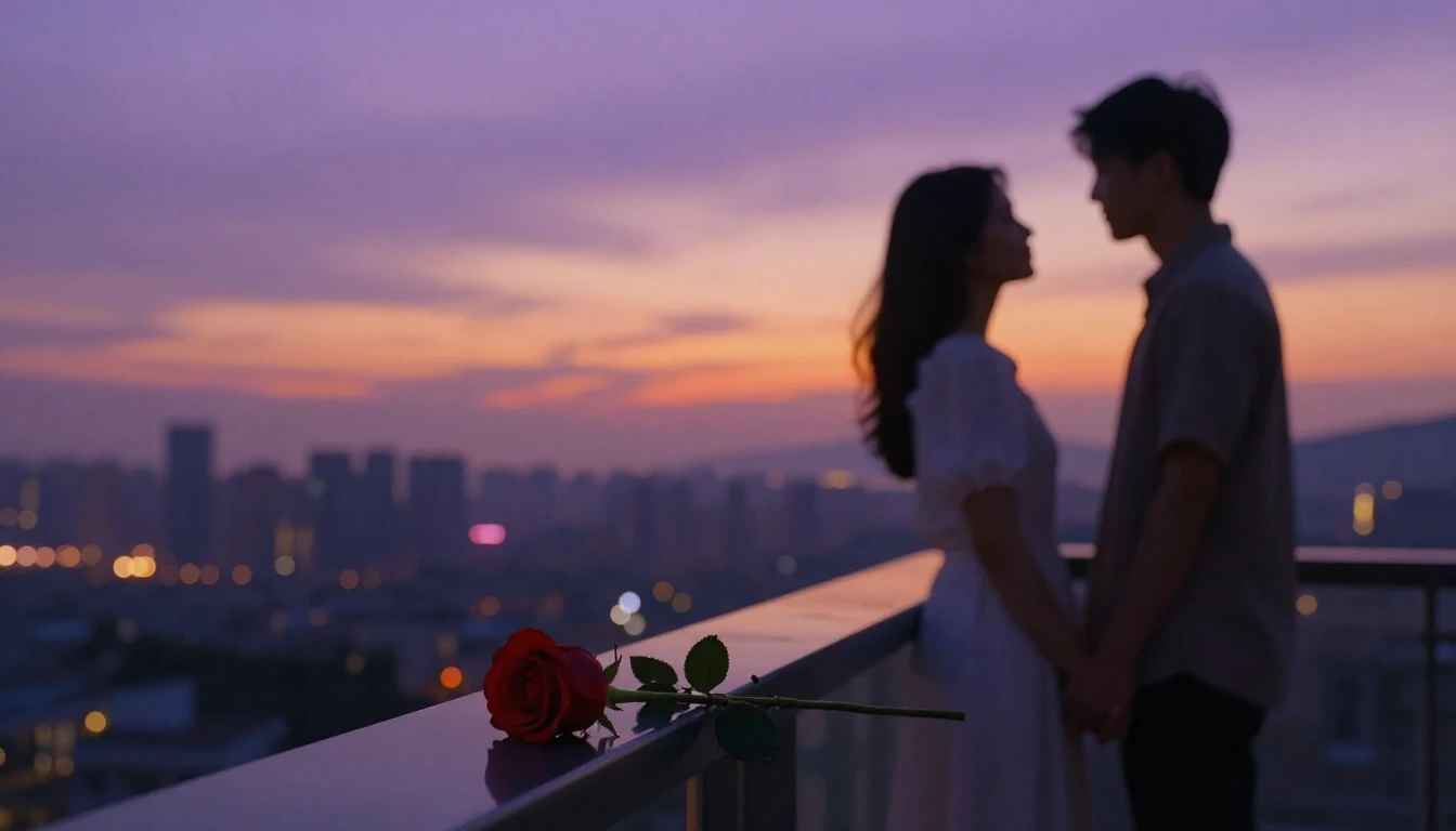 A highly cinematic and romantic scene featuring a couple sta...
