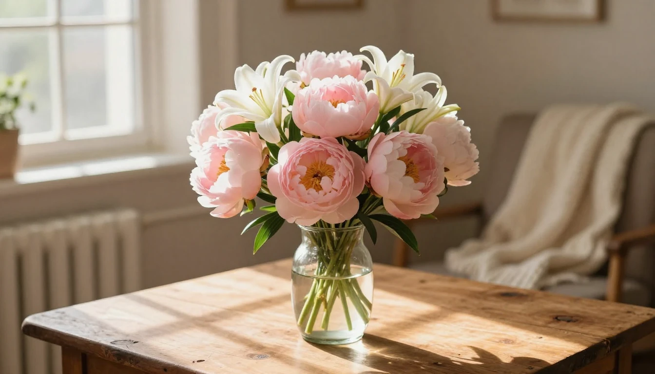 A beautiful bouquet of soft pink peonies and white lilies si...