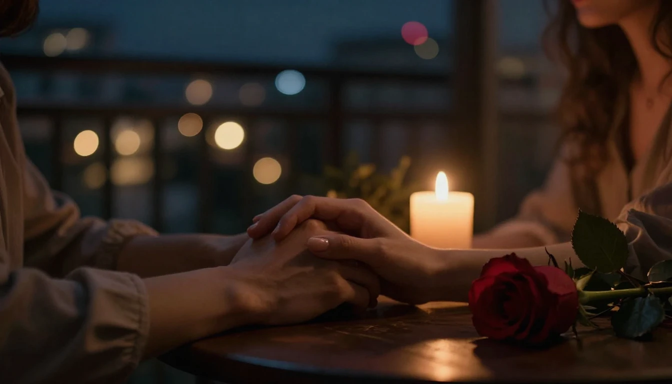 A cinematic close-up shot of two hands gently intertwined re...