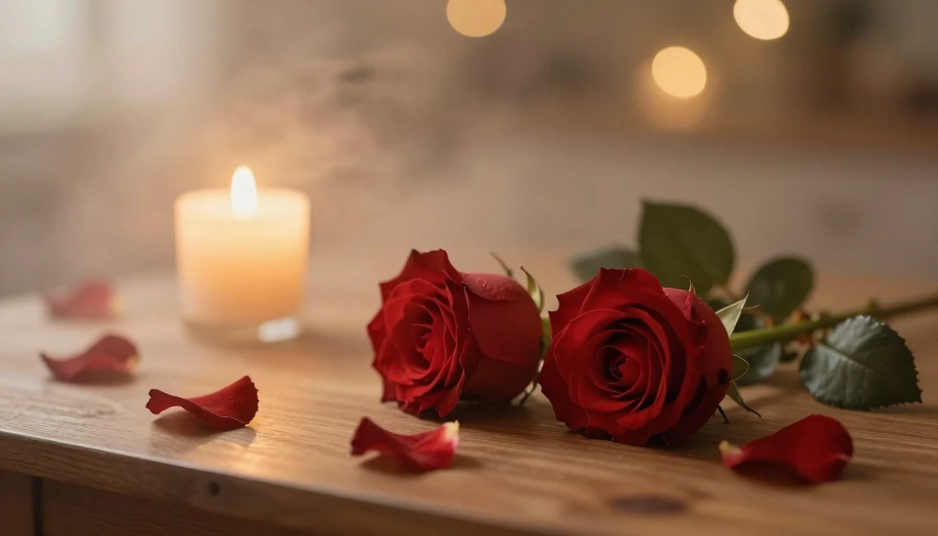 A soft and ethereal scene featuring two delicate red roses l...