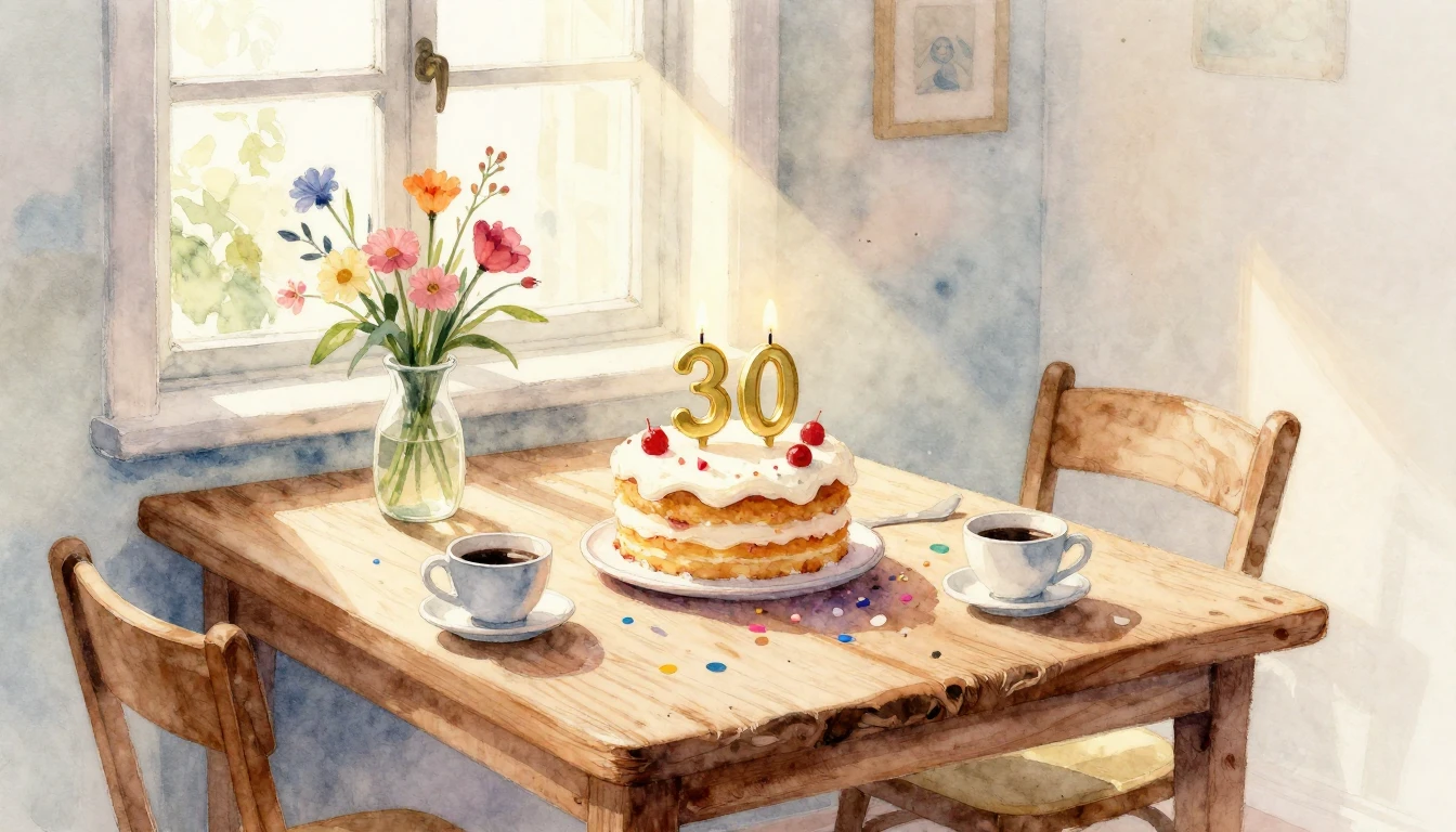 A heartwarming watercolor painting of a small, cozy birthday...