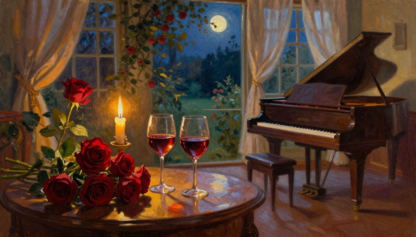 A lush oil painting of a cozy, candlelit room overlooking a ...