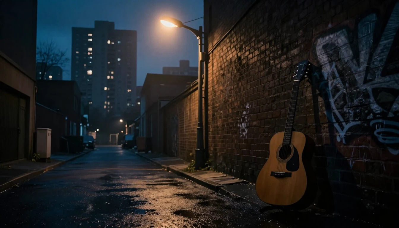 A moody, atmospheric scene of a dimly lit urban alleyway at ...