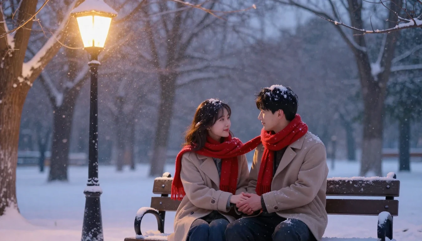 A romantic artistic scene of a couple sitting on a bench in ...