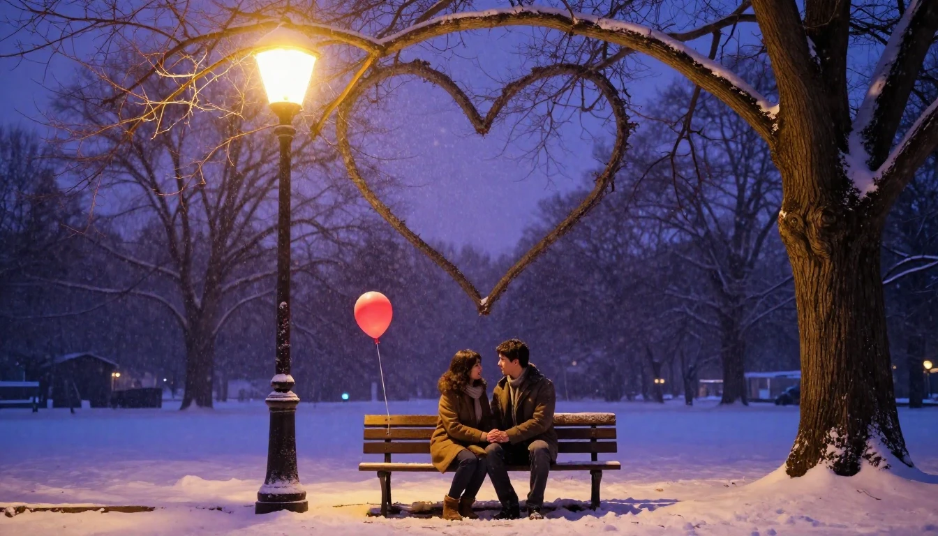 A soft and romantic scene of a couple sitting on a wooden be...