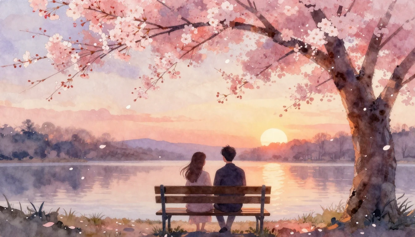A dreamy watercolor painting of two silhouettes sitting clos...