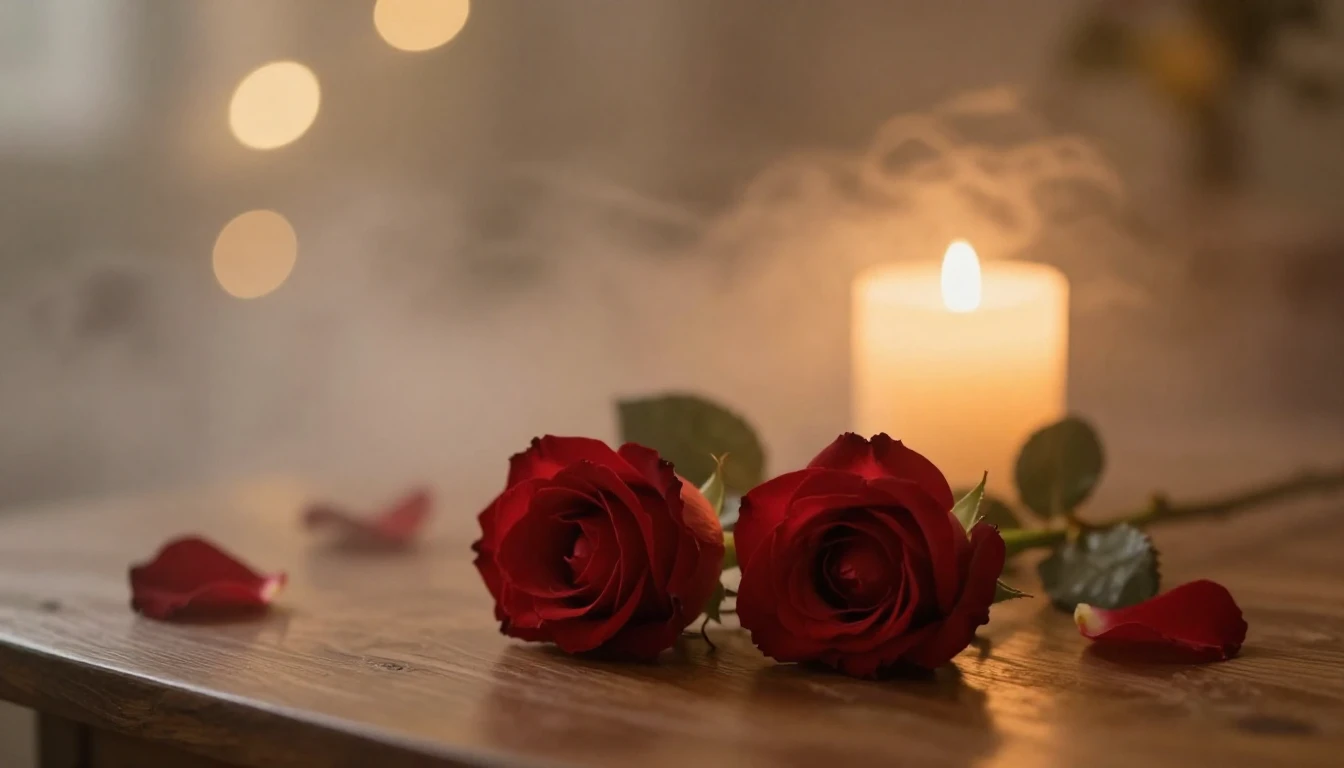 A soft and ethereal scene featuring two delicate red roses l...