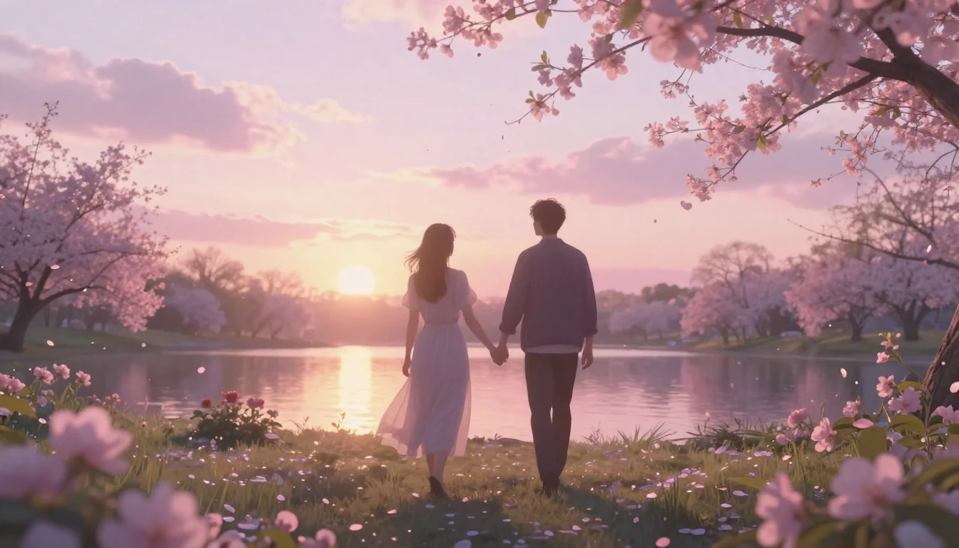 A beautiful, ethereal scene of two silhouettes walking hand-...