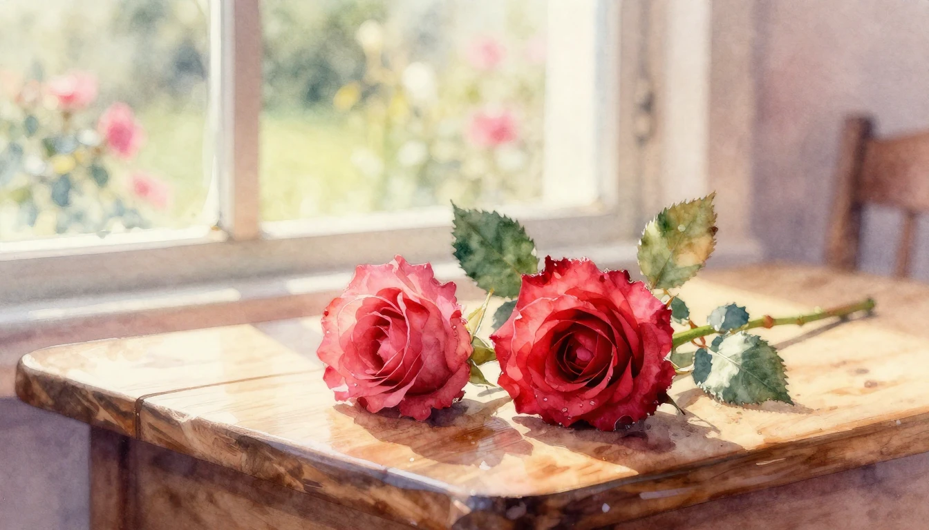 A beautiful watercolor painting of two delicate red roses re...