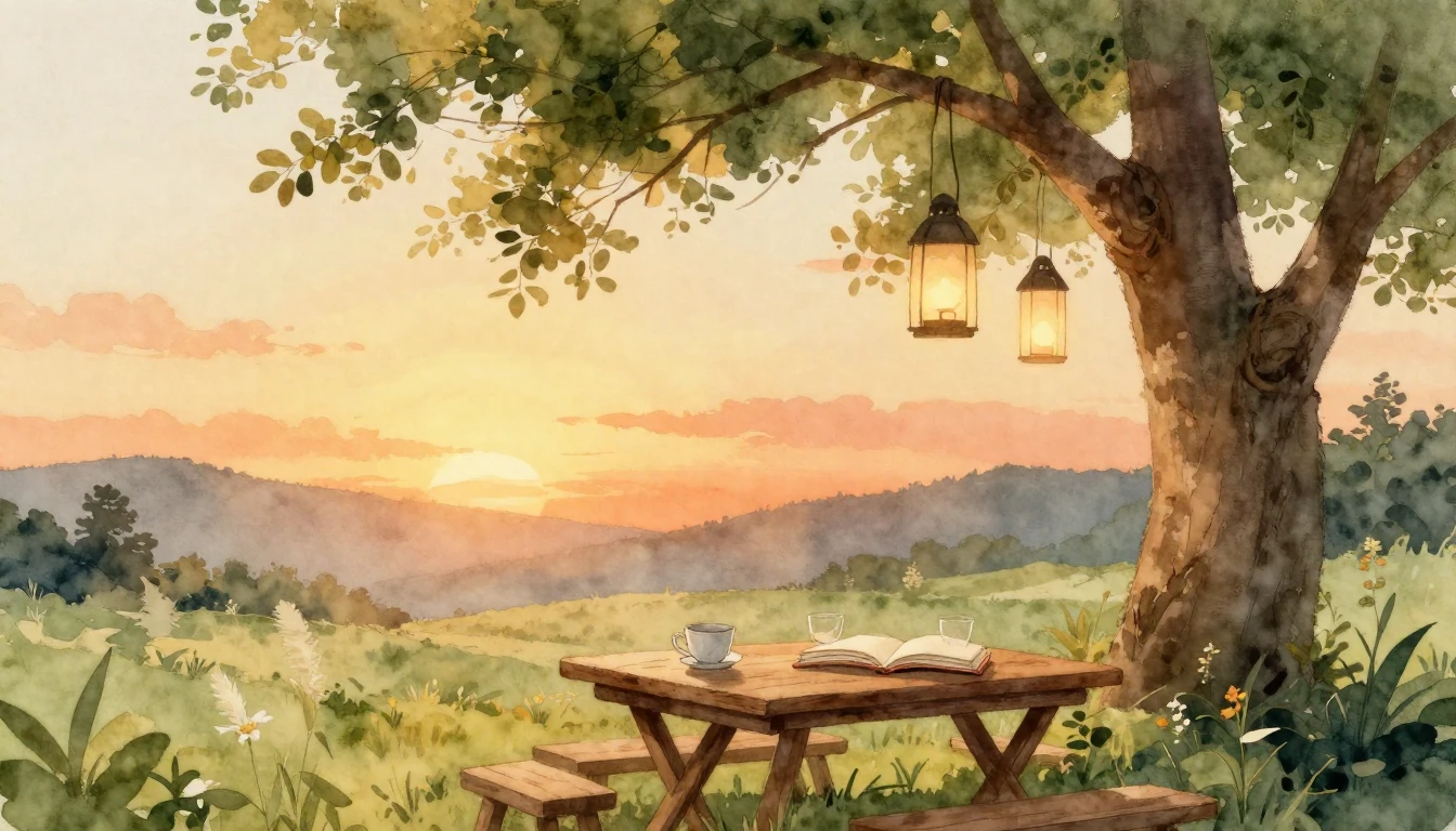 A serene watercolor painting of a cozy outdoor setting at su...