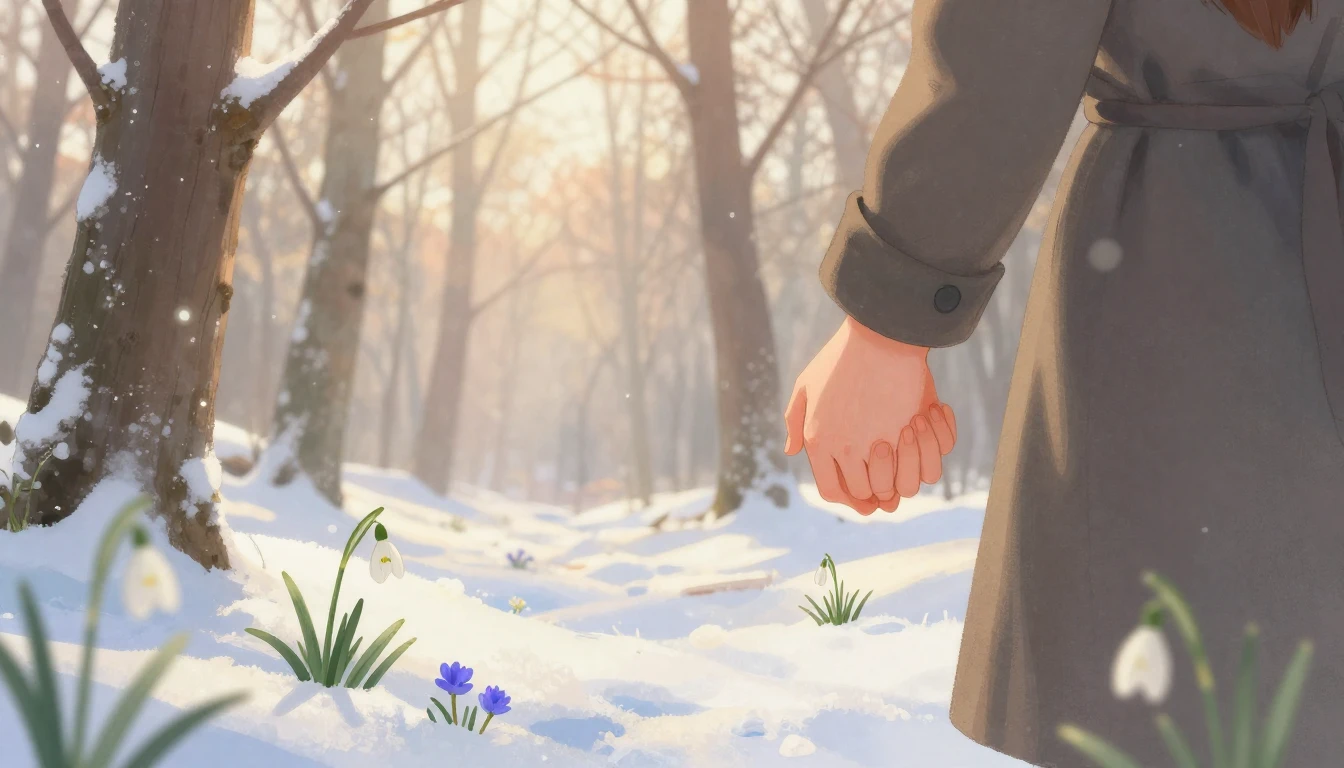 A romantic illustration of a couple holding hands in a fores...