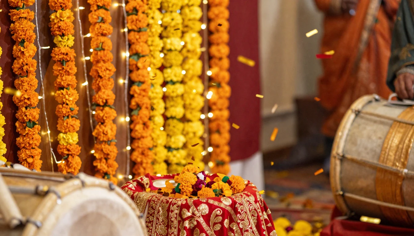 A vibrant and festive South Asian wedding celebration scene,...