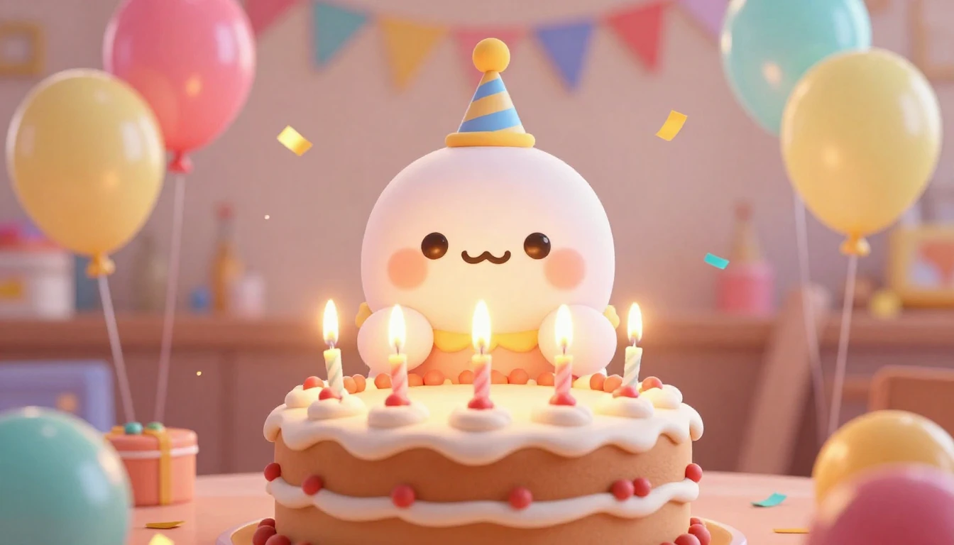 A festive and vibrant birthday celebration scene, a large de...