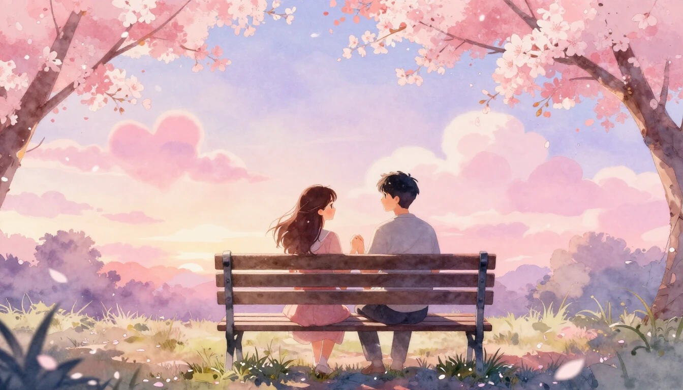 A romantic watercolor illustration of a couple sitting on a ...