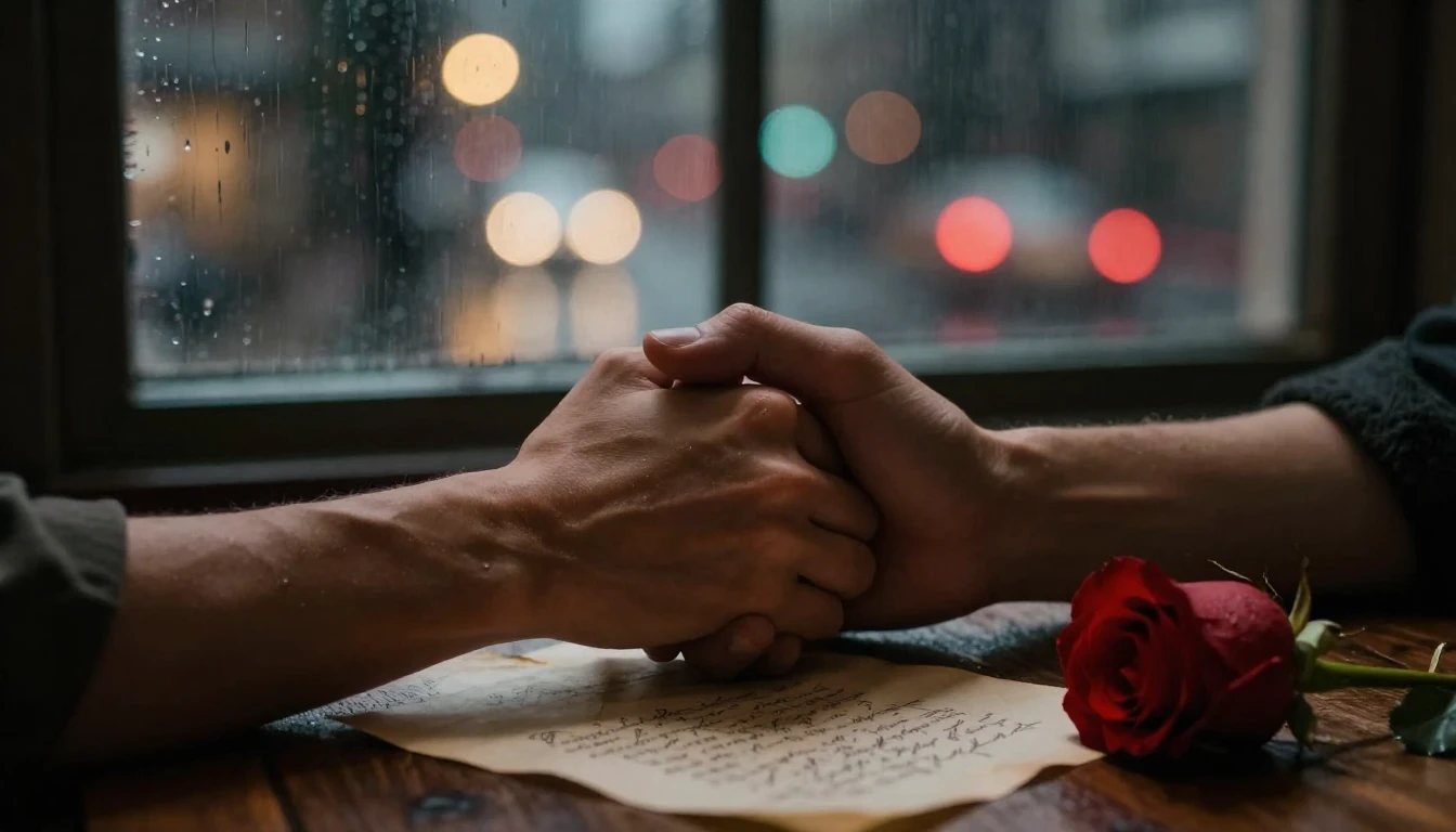 A cinematic close-up shot of two hands holding each other ti...