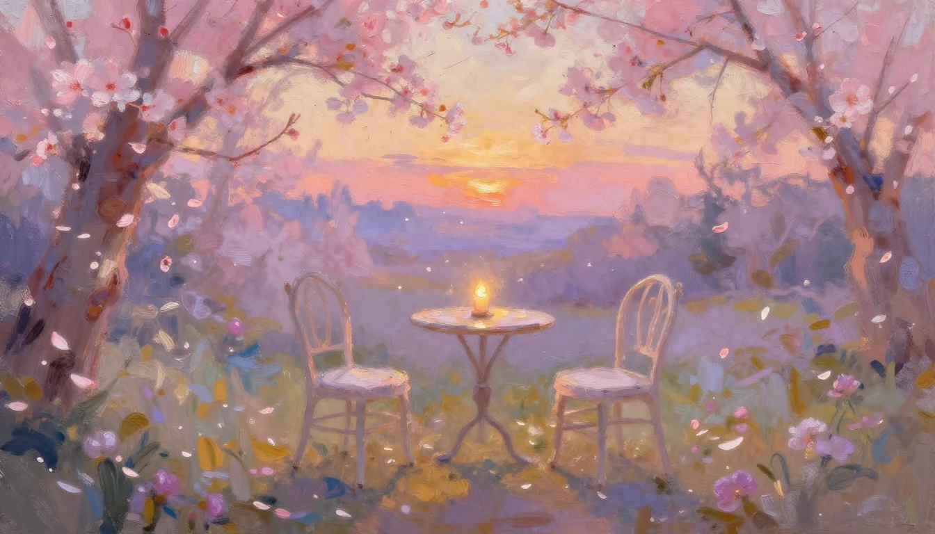 An impressionist painting of a serene garden at sunset. Soft...