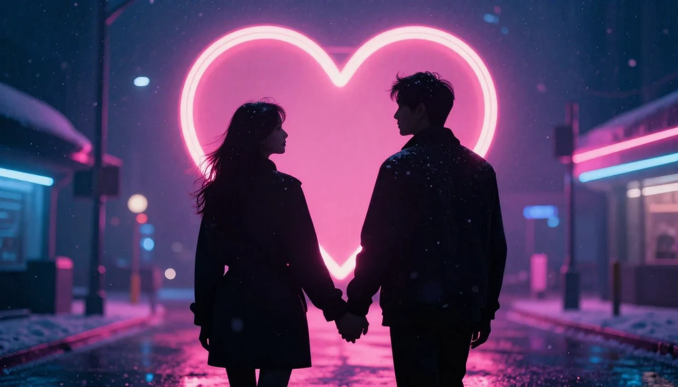 A romantic synthwave scene featuring two silhouettes holding...