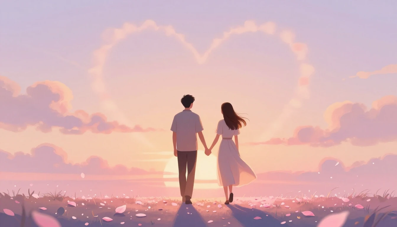 A romantic and dreamy illustration of a couple holding hands...