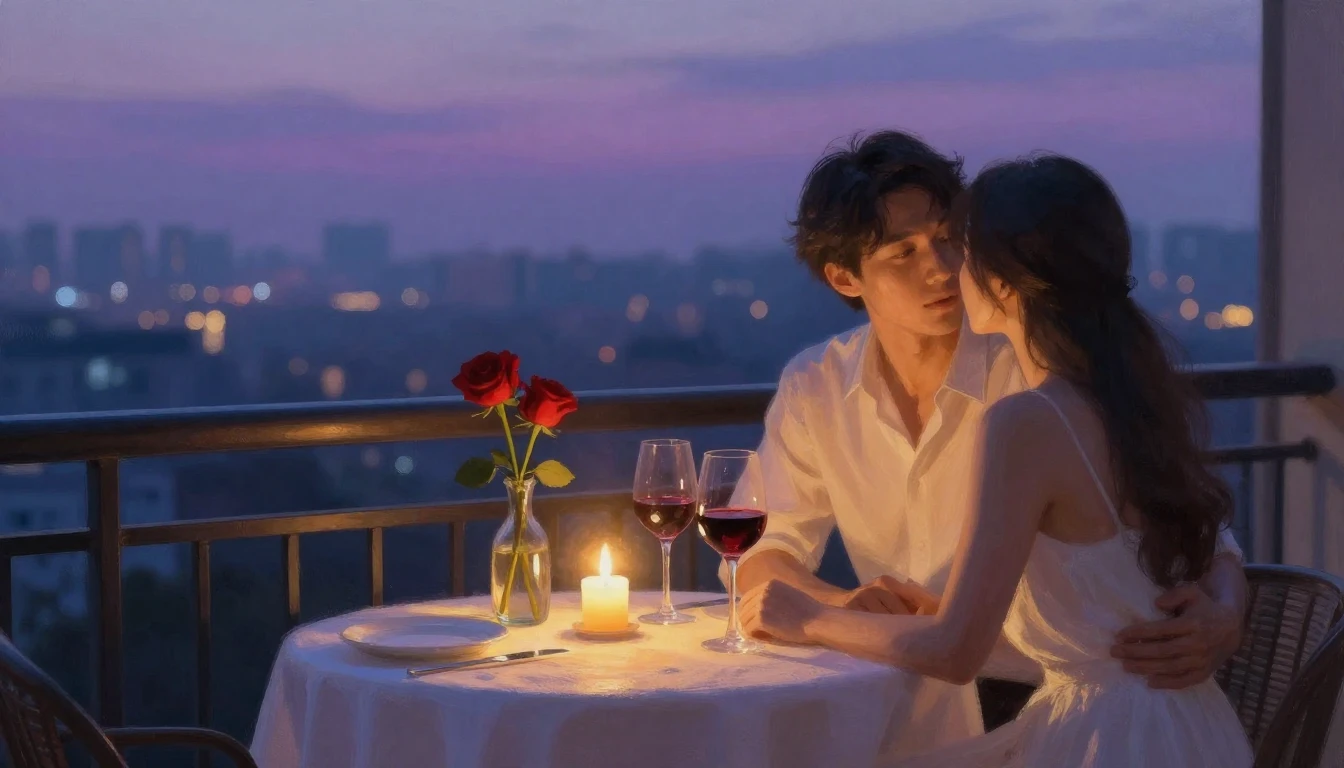 A romantic scene of an intimate dinner for two on a balcony ...