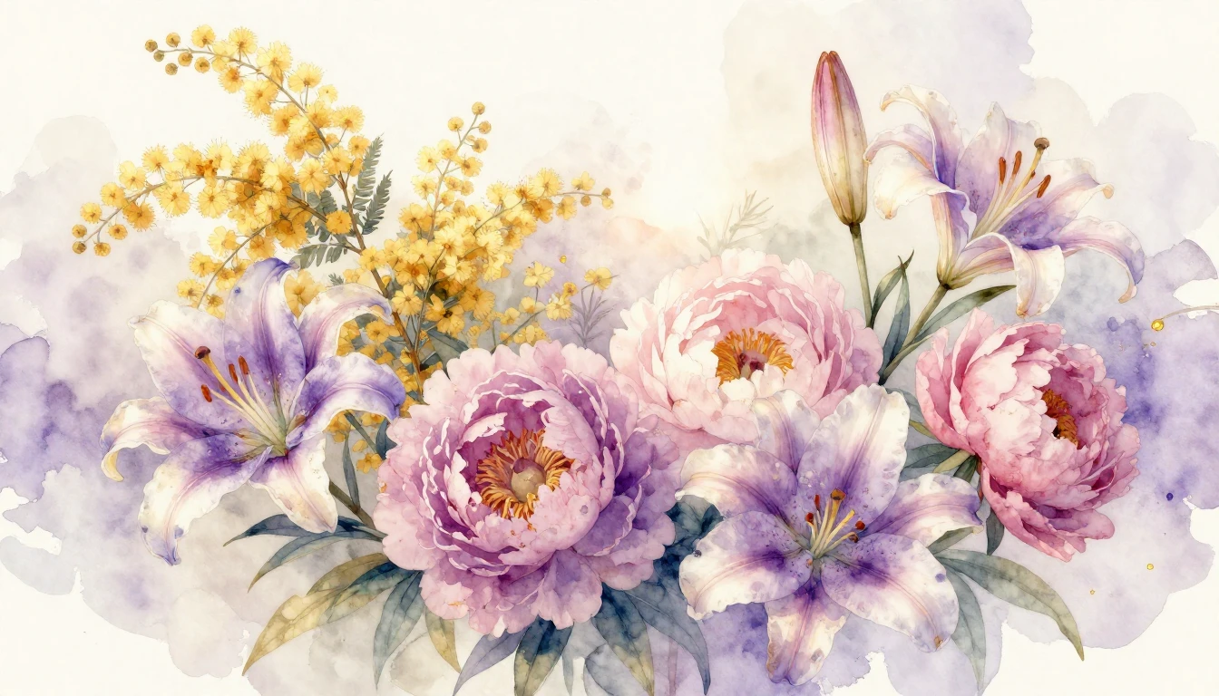 A beautiful watercolor painting of various blooming flowers ...