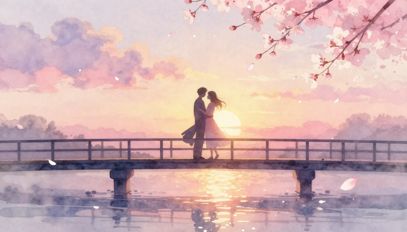 A delicate watercolor painting of two intertwined silhouette...