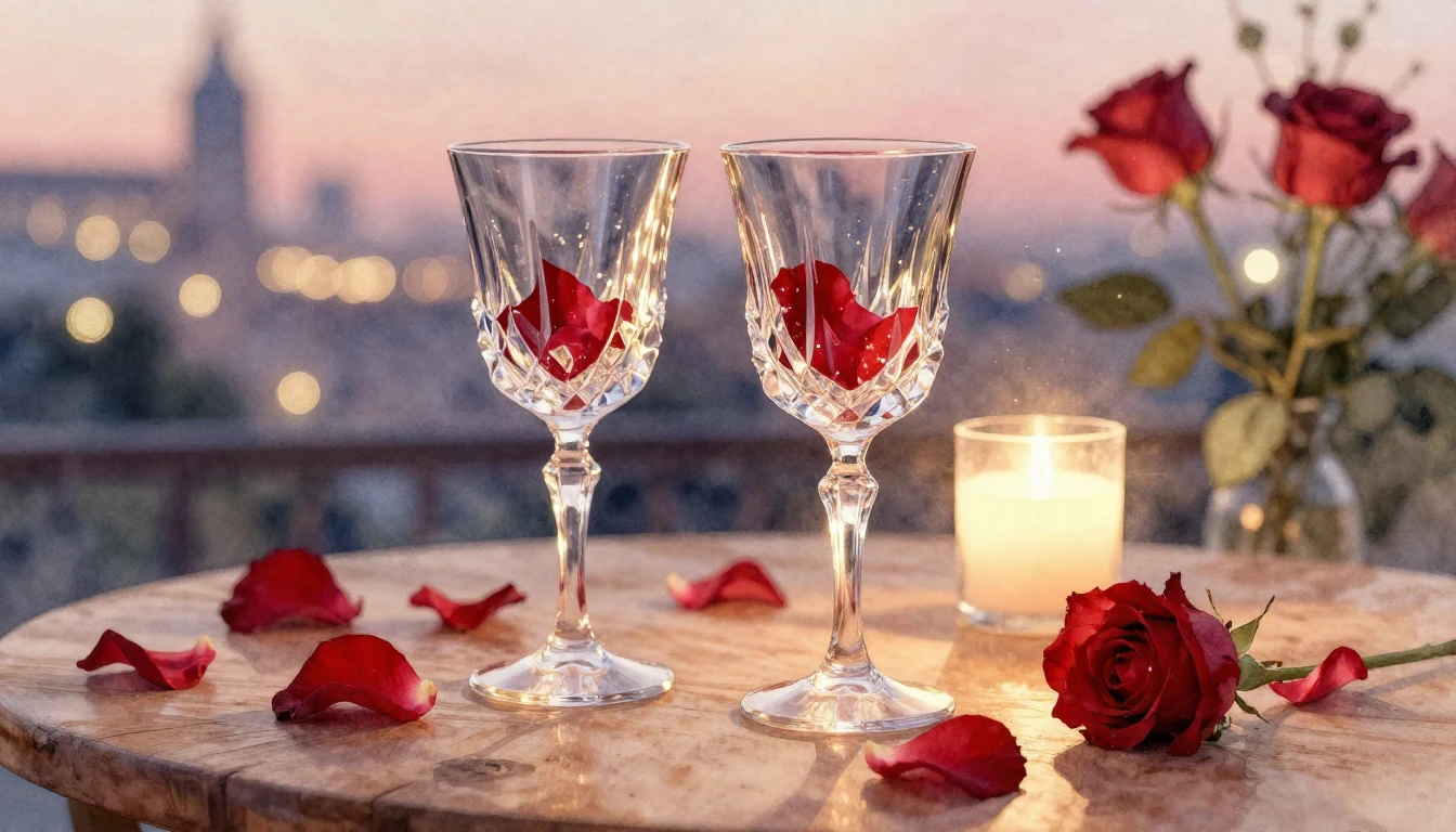 A romantic and festive scene depicted in soft watercolor. Tw...