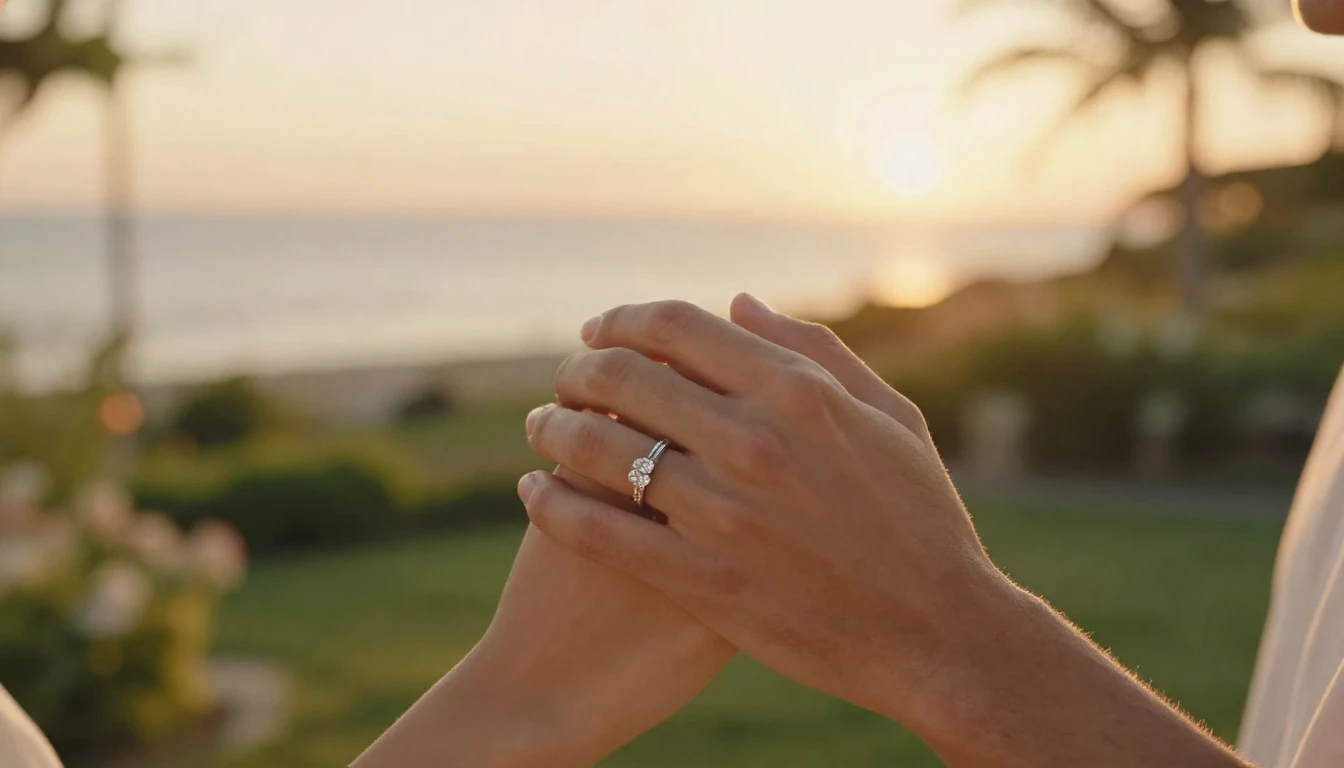 A romantic cinematic close-up shot of a couple holding hands...