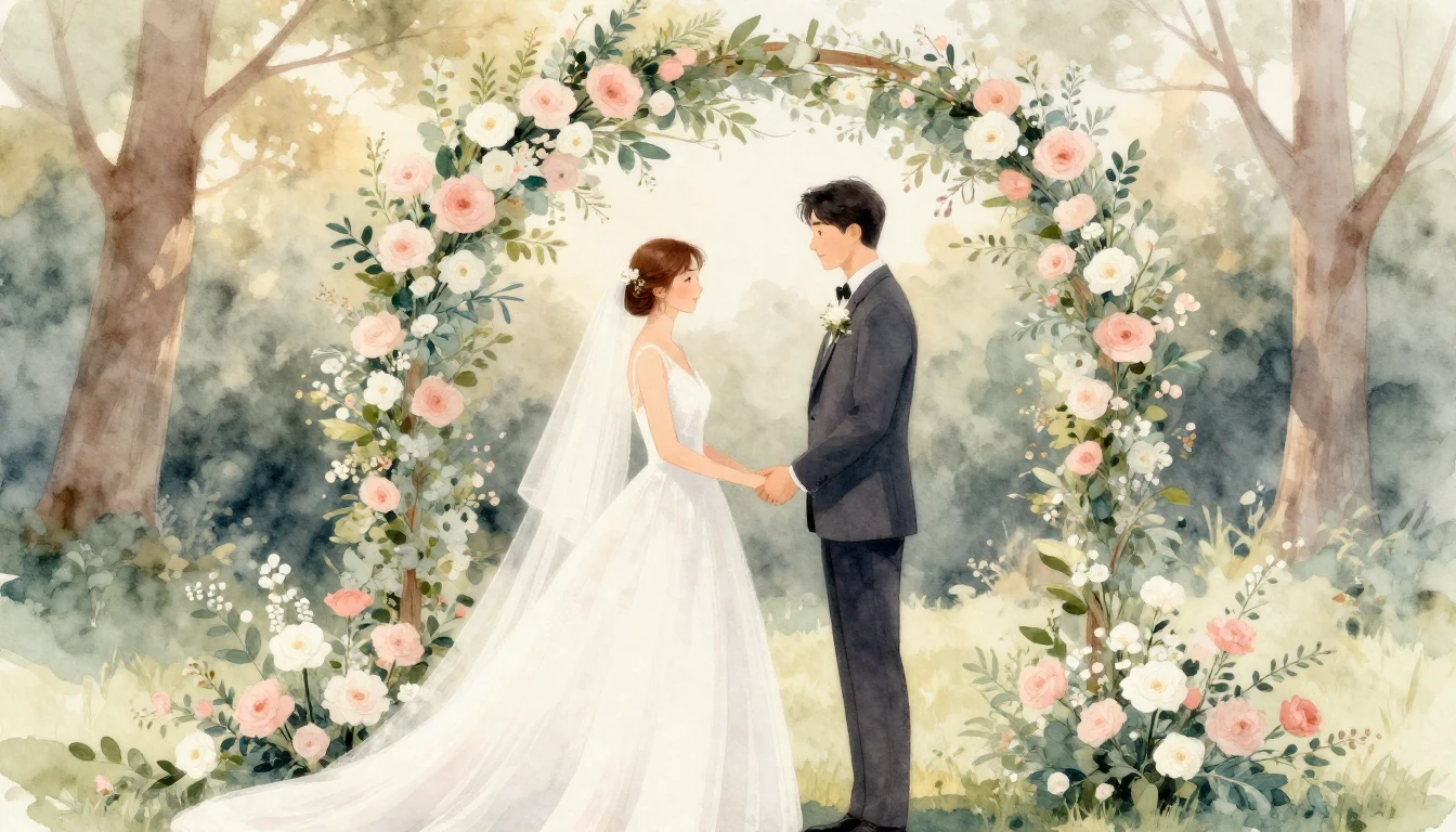 A soft and dreamy watercolor illustration of a bride and gro...