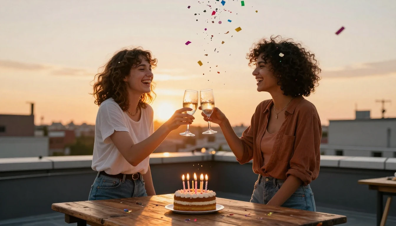 Two best friends standing together on a lively rooftop at su...
