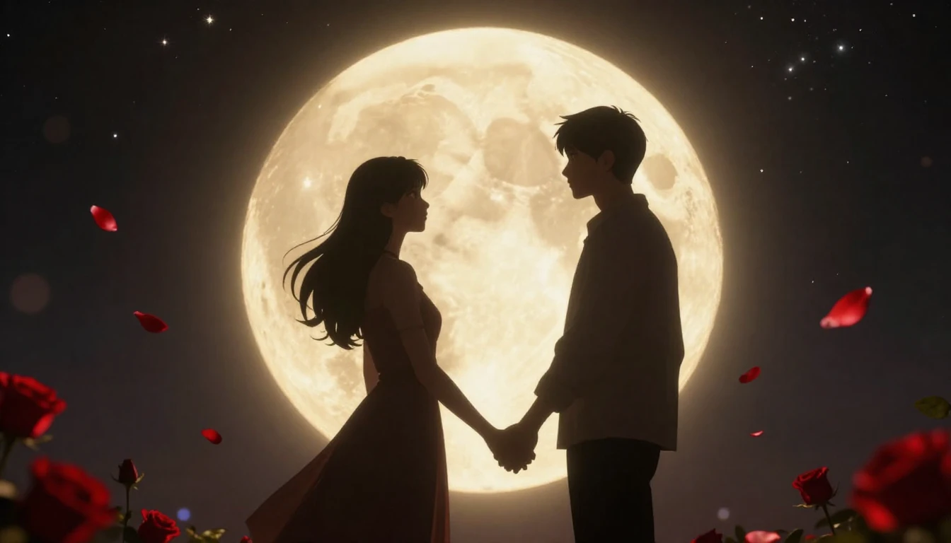 A cinematic and romantic scene featuring a silhouette of a c...