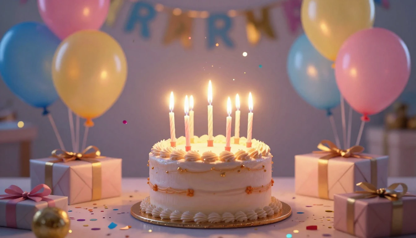 A vibrant and festive birthday celebration scene featuring a...