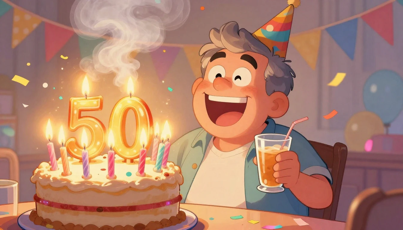 A humorous cartoon illustration of a lively 50th birthday pa...