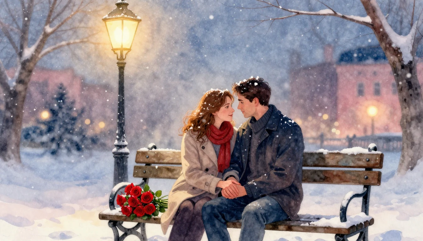 A romantic watercolor painting of a loving couple sitting on...