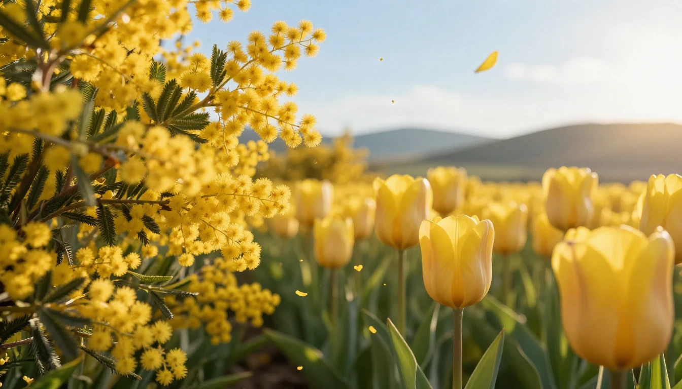 A breathtaking field of blooming mimosa flowers and soft yel...