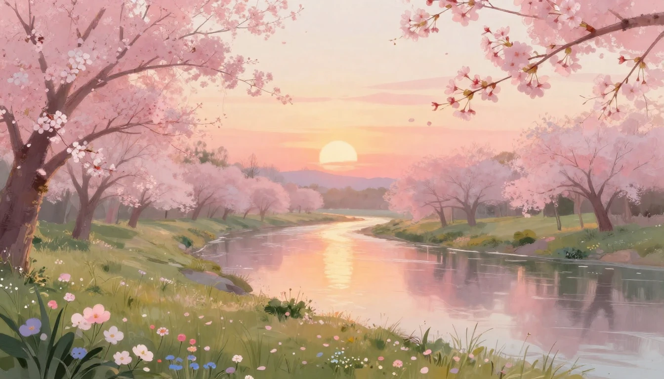 A serene landscape during a spring sunset. Soft pastel color...